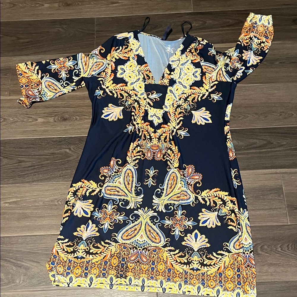 White Mark Navy and Yellow Paisley Dress